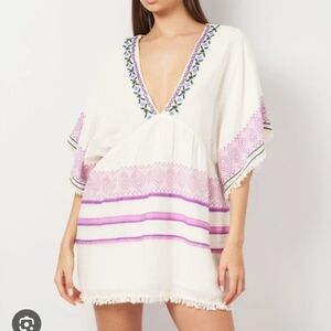 Zara Short Jacquard Mini Dress Deep V Neck Fringe Trim Beading Embroidery Sz Med